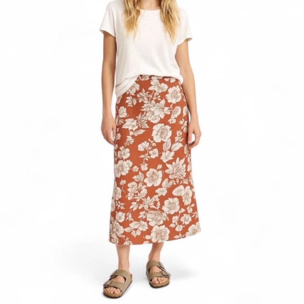 Old Navy Coral Maxi Skirt with White Floral Print High-Waisted Linen-Blend Small